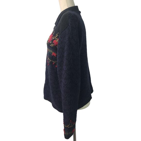 Talbots Black Red Purple Embroidered Cotton Silk Cardigan Sweater Large - Picture 2 of 5